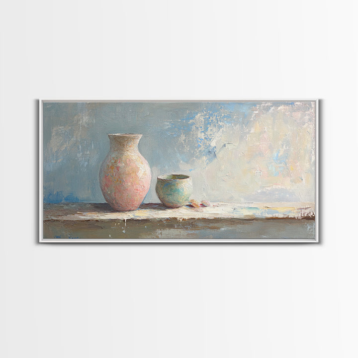 Pastel Ceramic Vase And Small Pot Wall Art, Minimalist Still Life, Neutral Home Decor, Modern Farmhouse Art, Living Room Decor