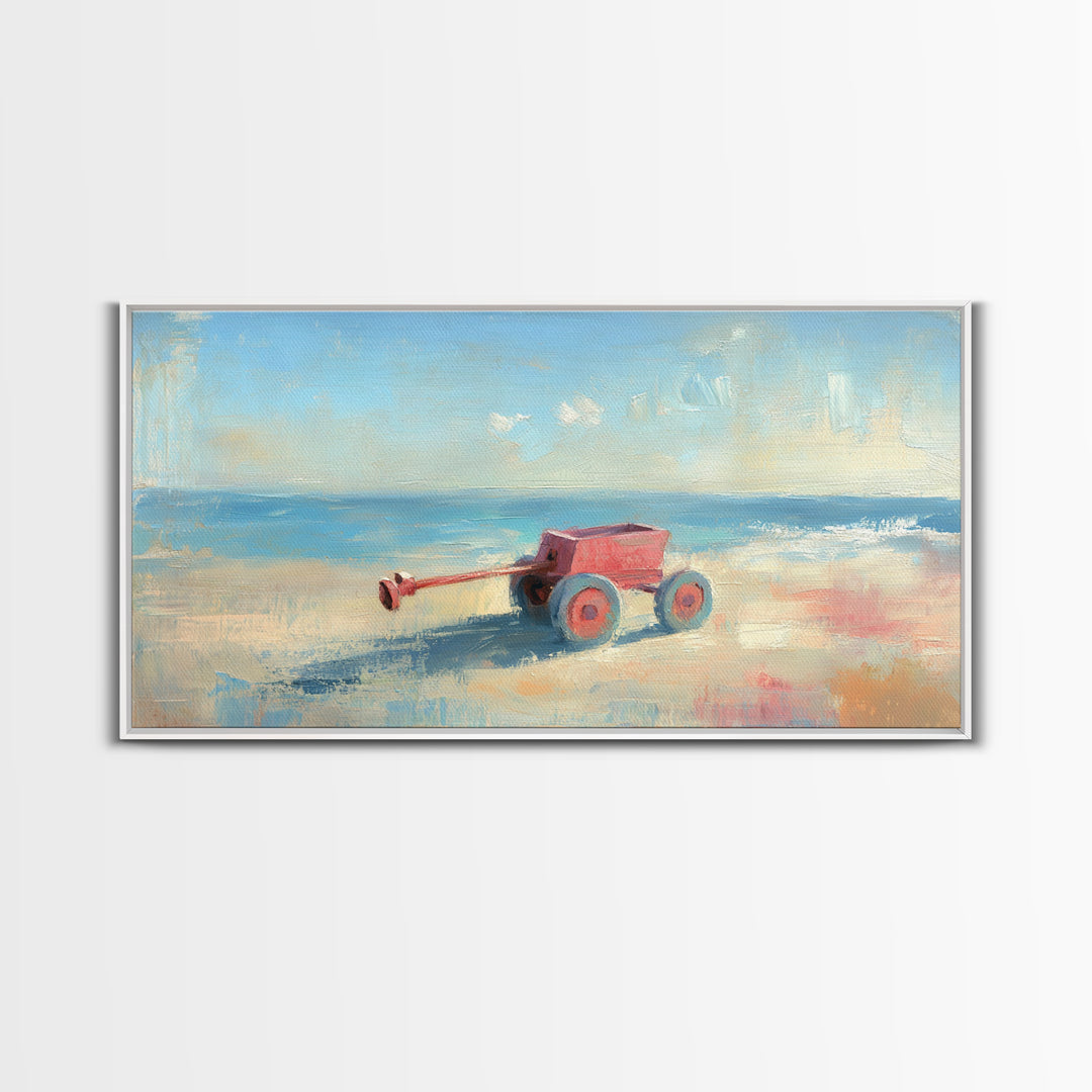 Red Toy Wagon On Sandy Beach Canvas Print, Coastal Nursery Wall Art, Whimsical Ocean Decor, Summer Kids Room Decor Print
