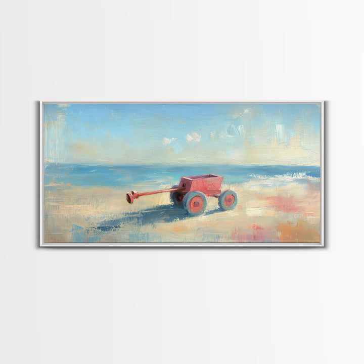 Red Toy Wagon On Sandy Beach Canvas Print, Coastal Nursery Wall Art, Whimsical Ocean Decor, Summer Kids Room Decor Print
