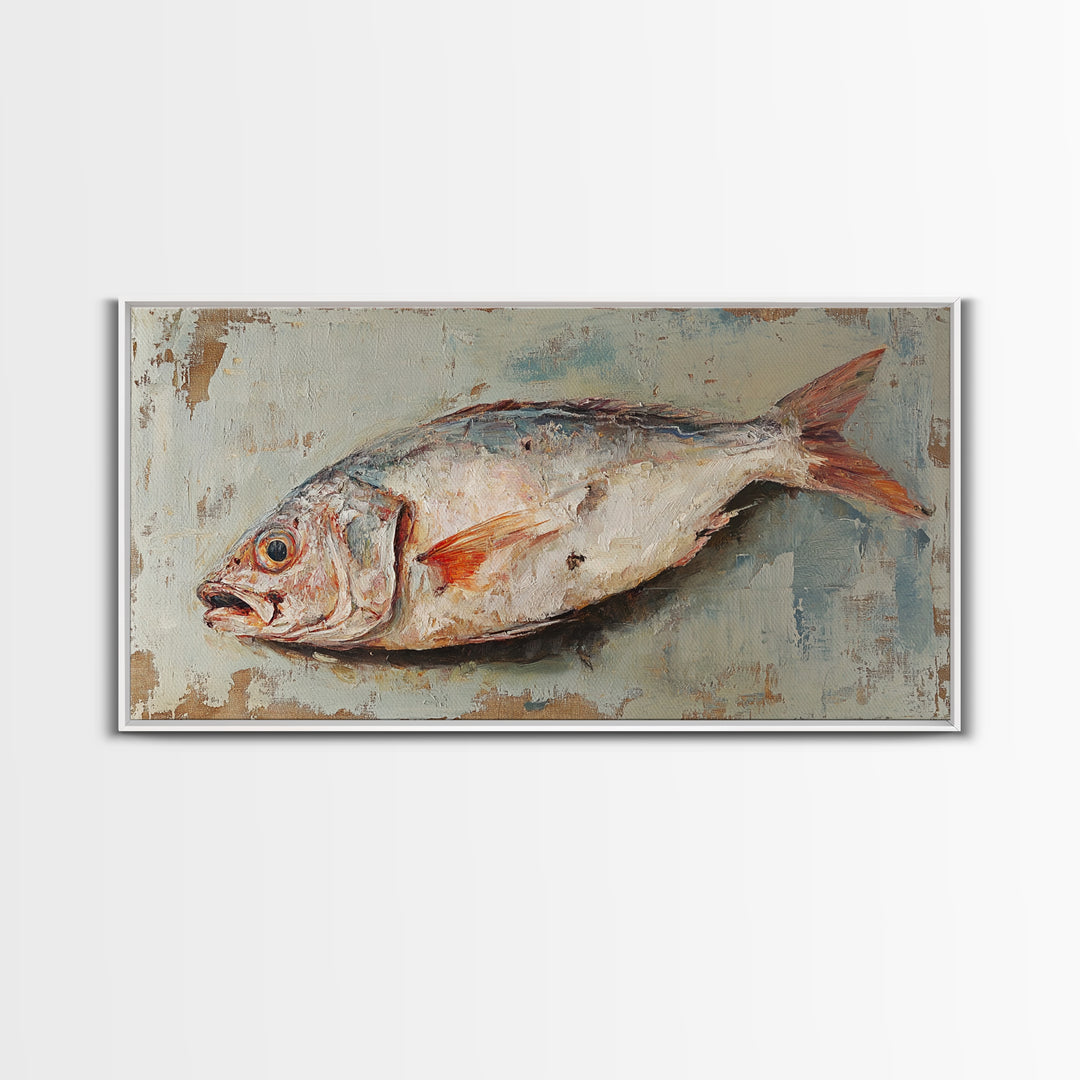 Rustic Whole Fish Oil Painting Wall Art, Coastal Kitchen Decor, Seafood Still Life, Nautical Dining Room Canvas Art Print