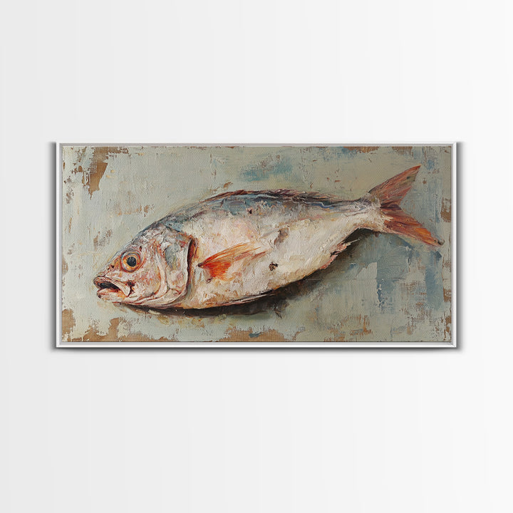 Rustic Whole Fish Oil Painting Wall Art, Coastal Kitchen Decor, Seafood Still Life, Nautical Dining Room Canvas Art Print