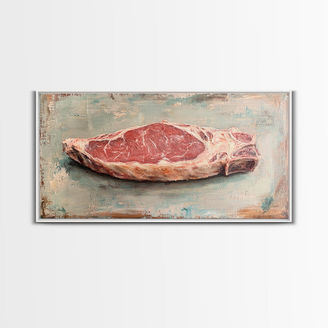 Raw Steak Oil Painting Canvas Print, Butcher Shop Kitchen Wall Art, Rustic Food Decor, Dining Room Art For Chefs, Restaurant Decor