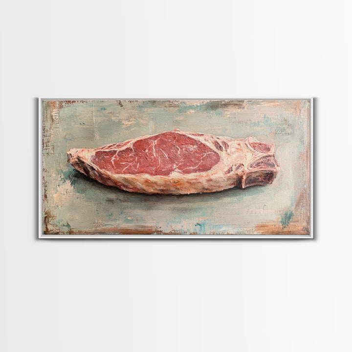 Raw Steak Oil Painting Canvas Print, Butcher Shop Kitchen Wall Art, Rustic Food Decor, Dining Room Art For Chefs, Restaurant Decor