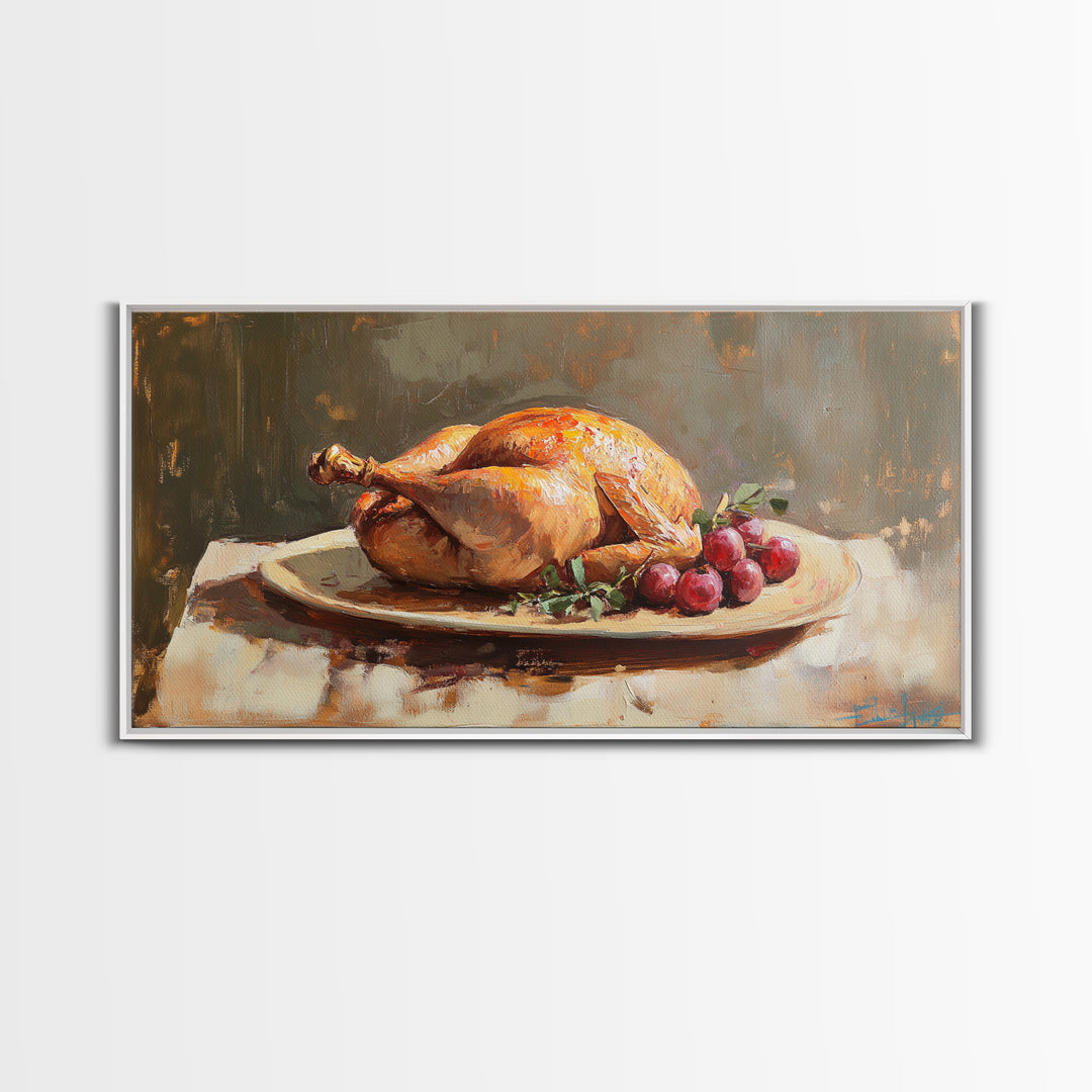 Roast Chicken And Grapes Oil Painting Wall Art, Rustic Kitchen Decor, Foodie Gift, Farmhouse Dining Room Canvas Print For Chefs