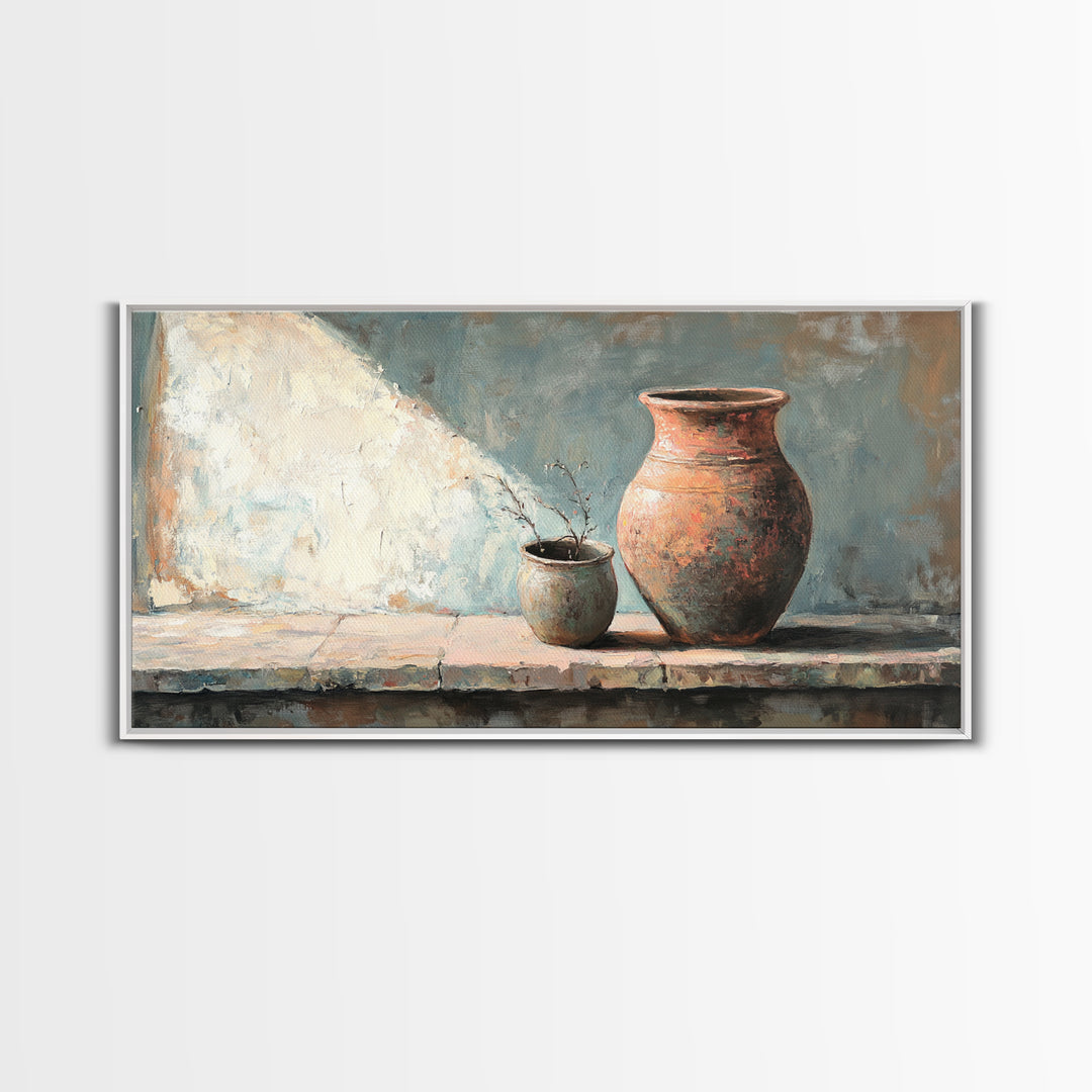 Rustic Terracotta Vase Still Life Wall Art, Earth Tone Kitchen Decor, Farmhouse Canvas Print, Warm Neutral Living Room Art