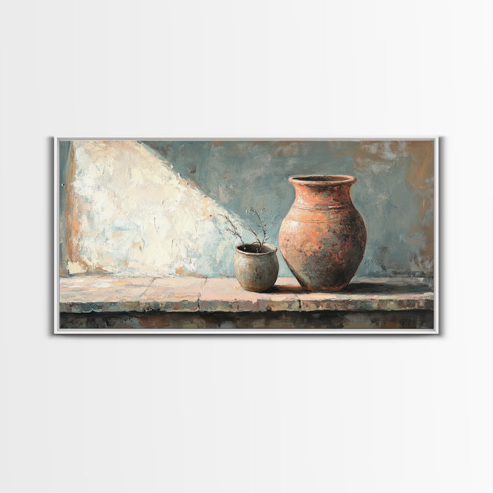Rustic Terracotta Vase Still Life Wall Art, Earth Tone Kitchen Decor, Farmhouse Canvas Print, Warm Neutral Living Room Art