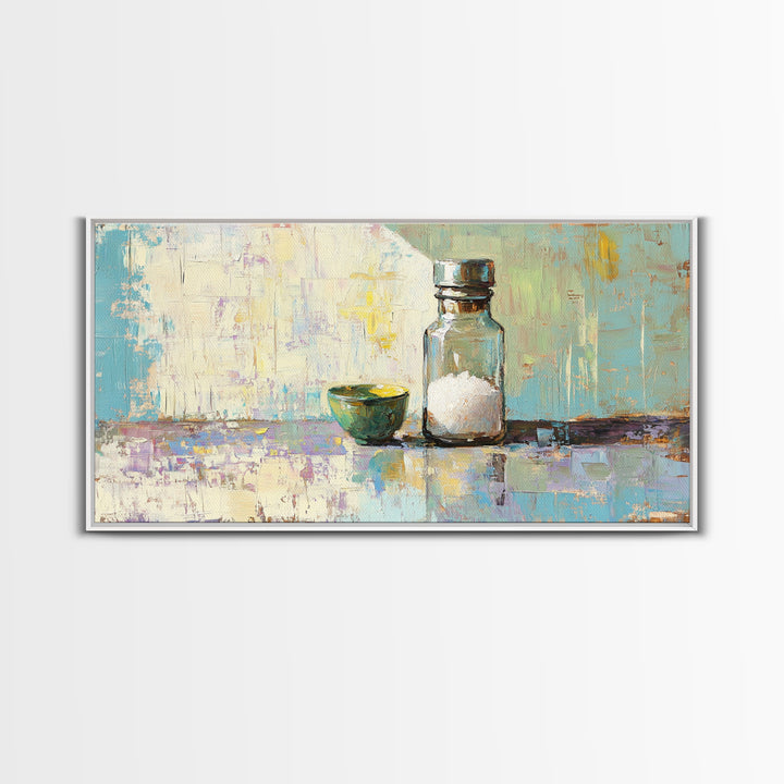Sunlit Salt Bottle And Green Bowl Canvas Print, Minimalist Kitchen Wall Art, Coastal Neutral Decor, Modern Home Decor Gift
