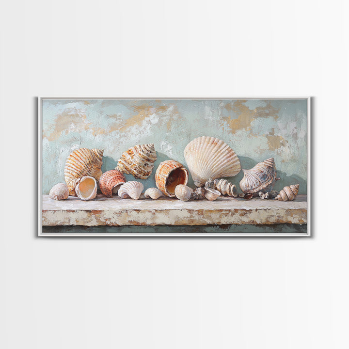 Neutral Seashell Still Life Framed Canvas Print, Coastal Wall Art, Beach House Decor, Ocean Wall Decor, Large Art Print Gift
