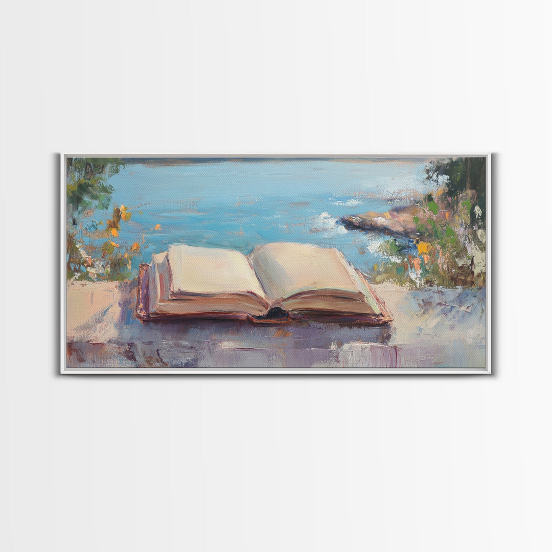 Open Book By The Lake Wall Art, Reading Nook Decor, Literary Art Print, Coastal Landscape Canvas, Book Lover Gift, Home Decor