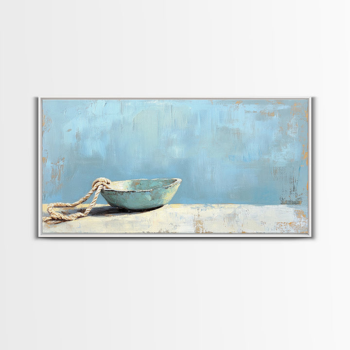 Weathered Blue Bowl With Rope Nautical Wall Art, Coastal Home Decor, Beach House Canvas Print, Minimalist Ocean Wall Decor