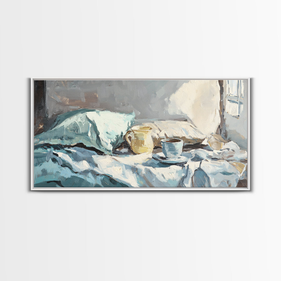 Morning Coffee In Bed With Blue Linens Wall Art, Cozy Bedroom Canvas Print, Guest Room Decor, Above Bed Art Gift For Her
