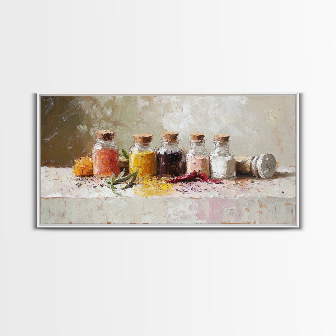 Kitchen Spice Bottles With Chili And Herbs Wall Art, Rustic Canvas Print, Foodie Kitchen Decor, Dining Room Art Gift For Chef
