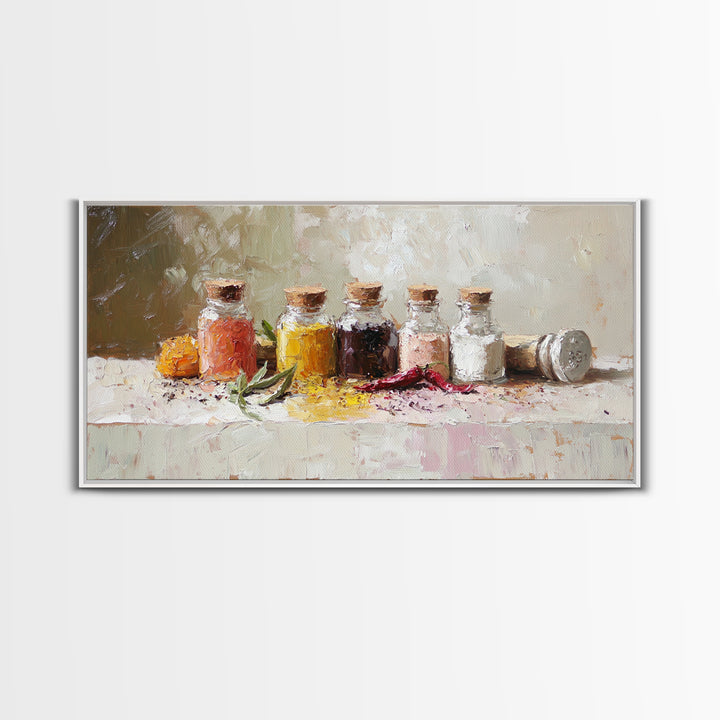 Kitchen Spice Bottles With Chili And Herbs Wall Art, Rustic Canvas Print, Foodie Kitchen Decor, Dining Room Art Gift For Chef
