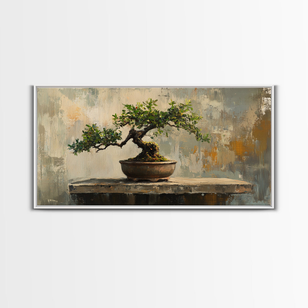 Textured Bonsai Tree In Rustic Pot Framed Canvas Print, Japandi Zen Home Decor, Nature Wall Art, Office Decor Housewarming Gift