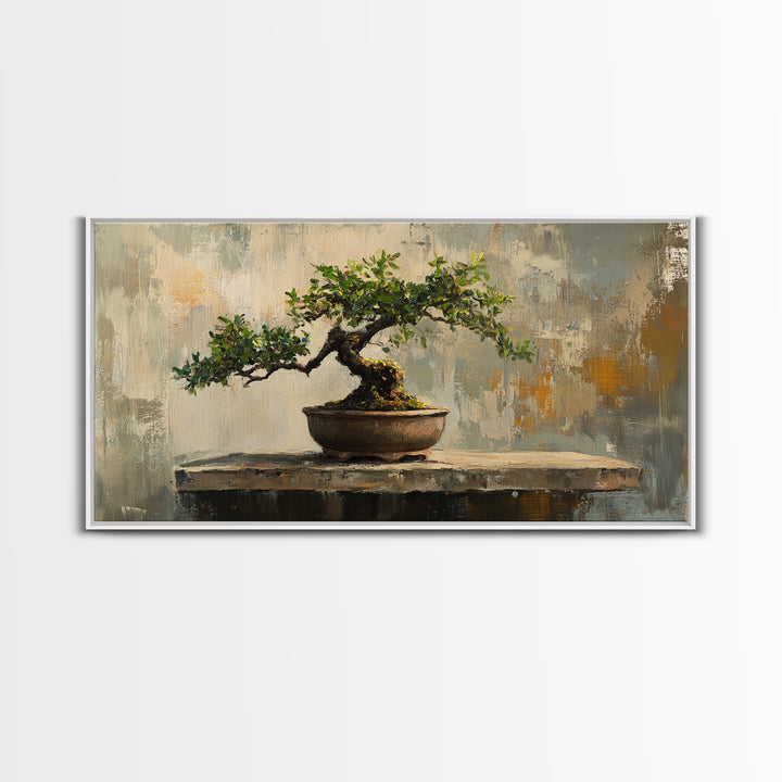 Textured Bonsai Tree In Rustic Pot Framed Canvas Print, Japandi Zen Home Decor, Nature Wall Art, Office Decor Housewarming Gift