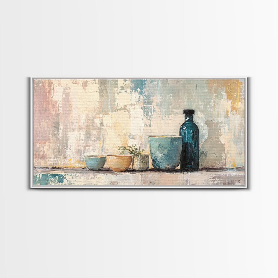 Blue Glass Bottle And Ceramic Bowls Wall Art, Minimalist Kitchen Decor, Neutral Still Life Art Print, Modern Home Decor Gift