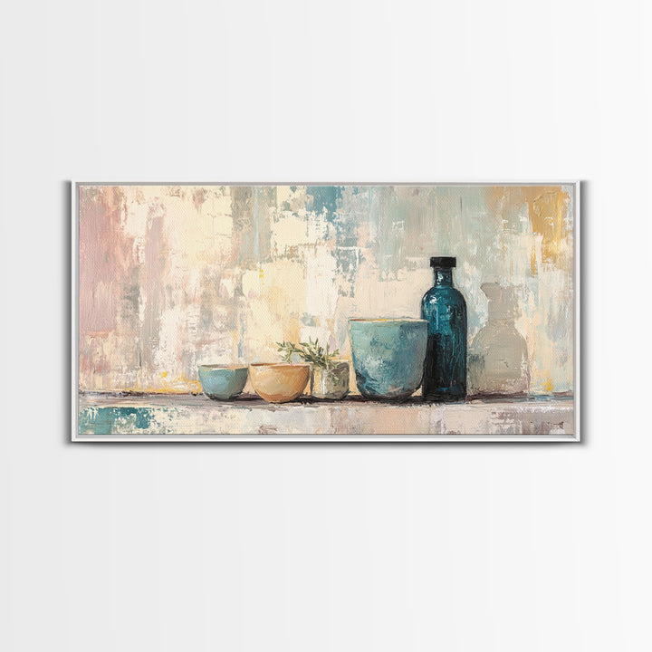 Blue Glass Bottle And Ceramic Bowls Wall Art, Minimalist Kitchen Decor, Neutral Still Life Art Print, Modern Home Decor Gift