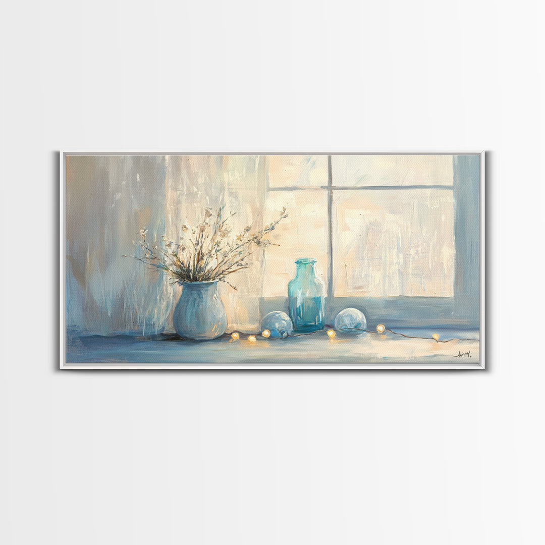 Soft Blue Window Still Life With Vase Canvas Print, Calming Wall Art, Cozy Bedroom Decor, Neutral Home Decor Gift For Her