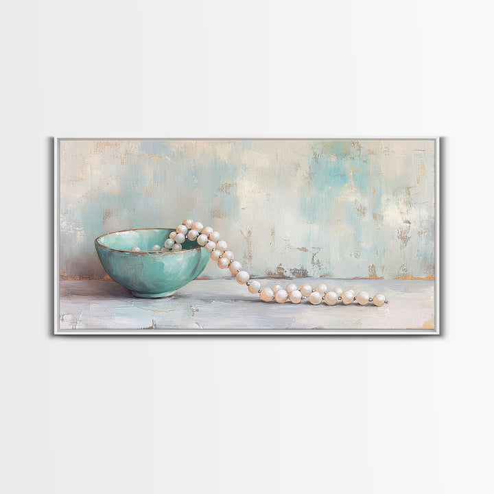 Turquoise Bowl With Pearl Strand Wall Art, Feminine Still Life Art Print, Coastal Bathroom Decor, Elegant Home Decor Gift
