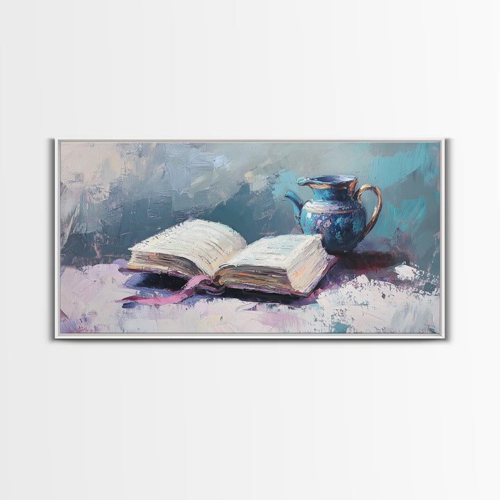 Open Book And Blue Pitcher Wall Art, Cozy Library Home Decor, Reading Nook Art Print, Book Lover Framed Canvas Print Gift