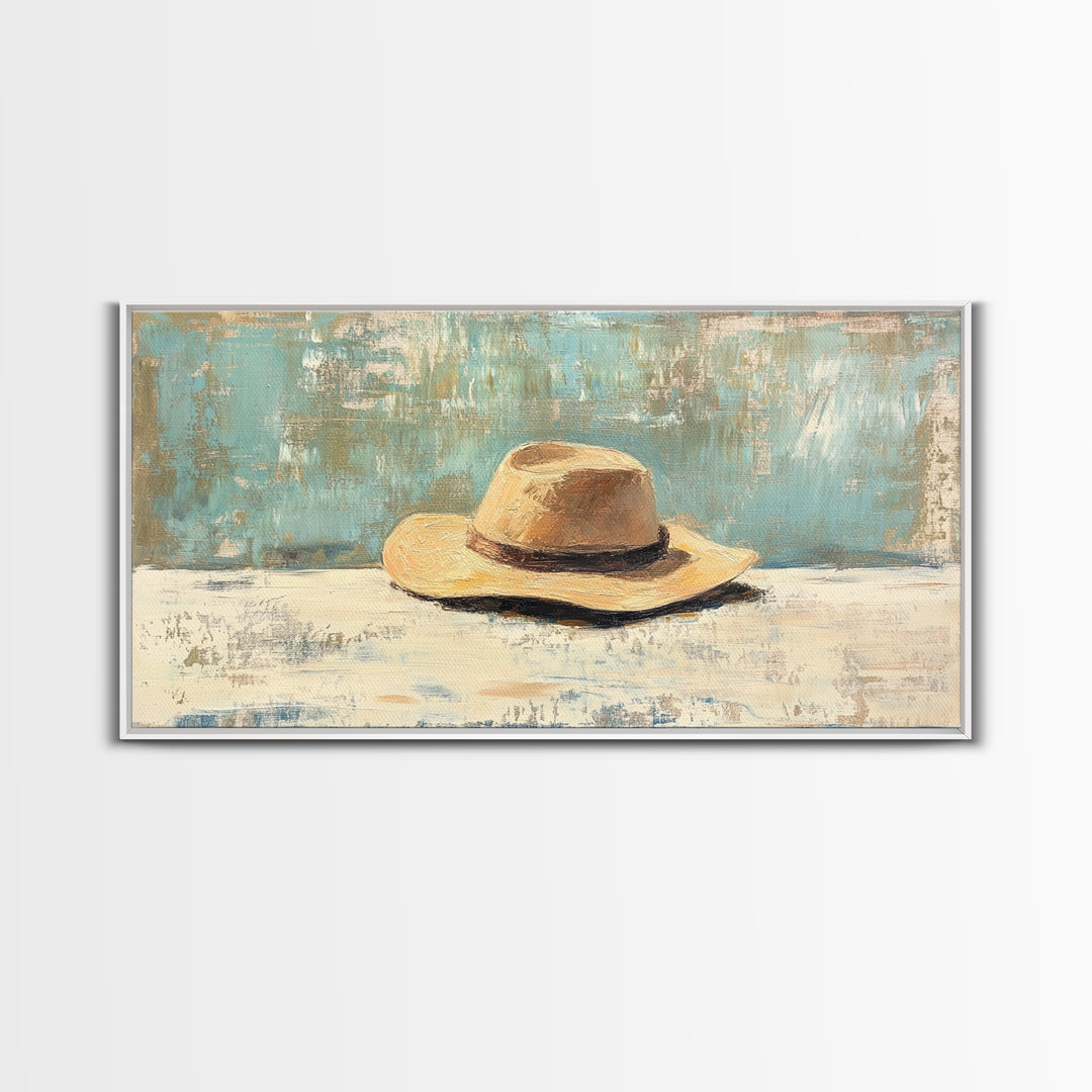 Rustic Straw Cowboy Hat Wall Art, Western Home Decor, Farmhouse Country Art Print, Masculine Framed Canvas Print Gift For Him