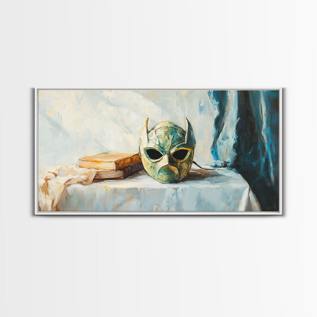 Green Masquerade Mask And Books Wall Art, Gothic Library Decor, Fantasy Dark Academia Art Print, Framed Canvas Print Gift