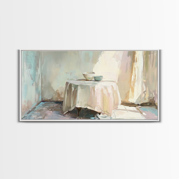 Sunlit Table With Teacups Wall Art, Minimalist Neutral Decor, Cozy Dining Room Art Print, Japandi Framed Canvas Print Gift