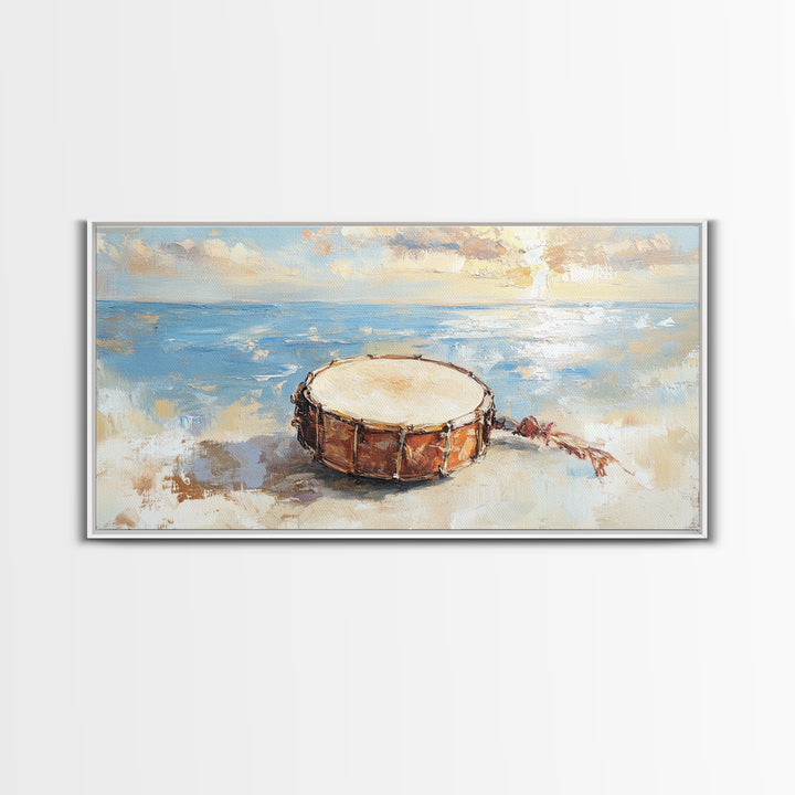 Weathered Beach Drum At Sunrise, Coastal Seascape Framed Canvas Print, Ocean Wall Art, Nautical Decor, Beach House Decor Gift