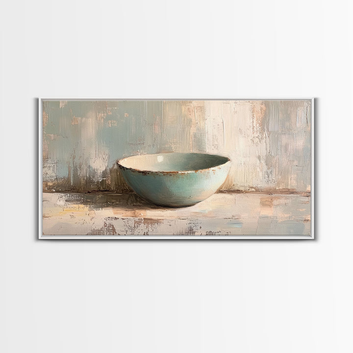 Turquoise Ceramic Bowl Still Life, Minimalist Framed Canvas Print, Neutral Wall Art, Wabi Sabi Decor, Modern Kitchen Art