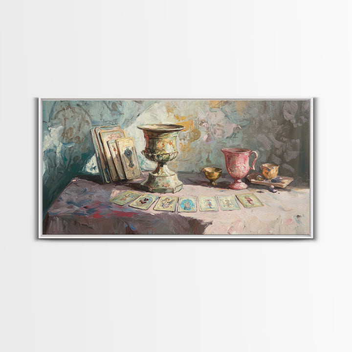 Tarot Cards And Antique Goblets, Mystical Still Life Canvas Print, Witchy Wall Art, Dark Academia Decor, Unique Spiritual Gift