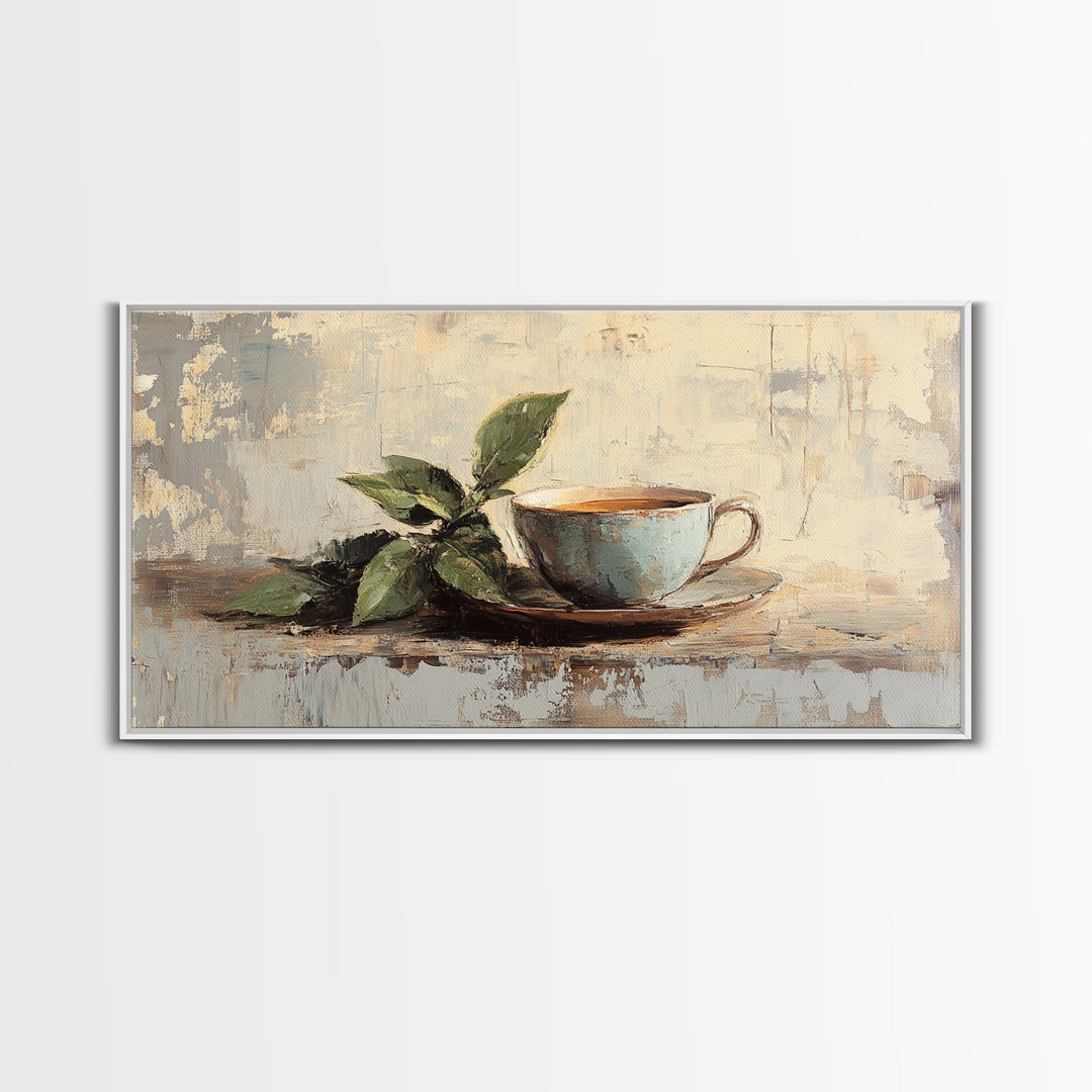 Leafy Coffee Cup Still Life, Rustic Kitchen Canvas Print, Botanical Wall Art, Coffee Bar Decor, Neutral Home Decor Housewarming Gift