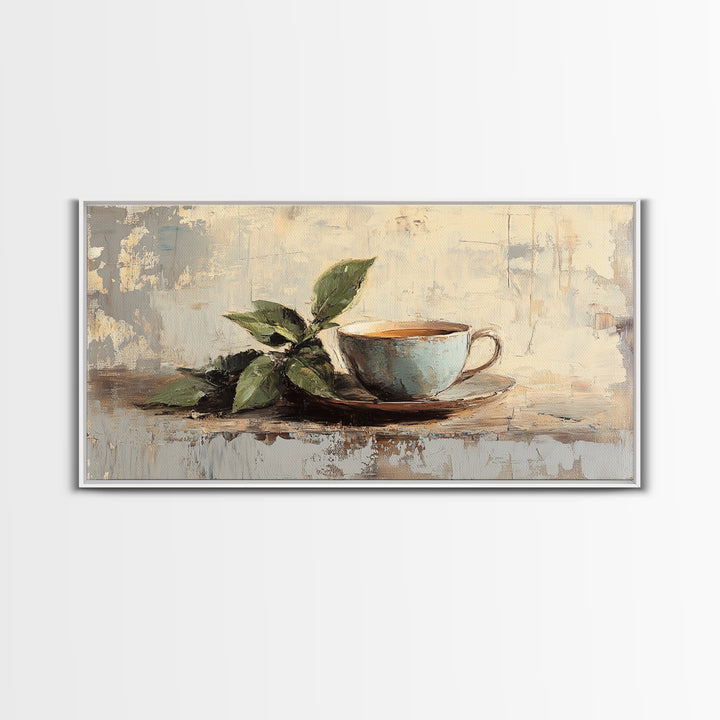 Leafy Coffee Cup Still Life, Rustic Kitchen Canvas Print, Botanical Wall Art, Coffee Bar Decor, Neutral Home Decor Housewarming Gift