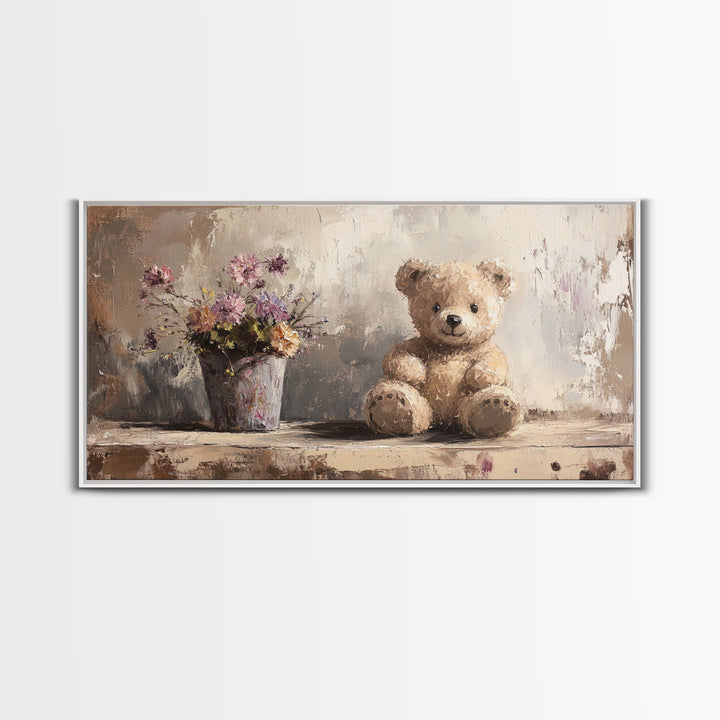 Teddy Bear With Wildflowers, Sweet Nursery Framed Canvas Print, Whimsical Wall Art, Kids Room Decor, Cute Baby Shower Gift