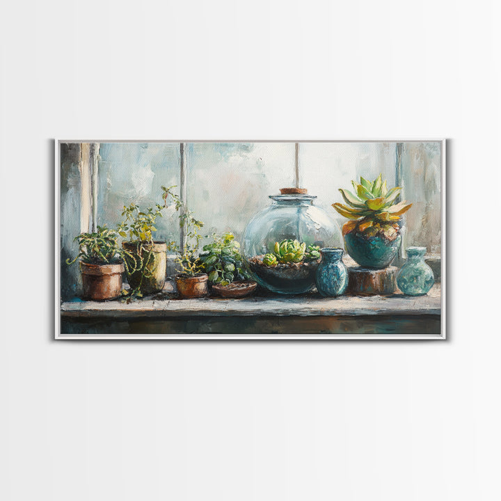 Sunlit Succulent And Potted Plant Wall Art, Botanical Canvas Print, Boho Plant Decor, Nature Inspired Home Decor, Living Room Decor