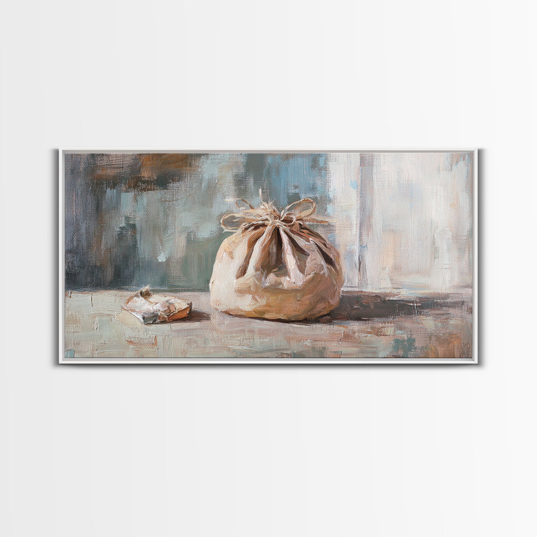 Knotted Linen Bundle Still Life Wall Art, Neutral Rustic Home Decor, Wabi Sabi Canvas Print, Minimalist Kitchen Wall Decor