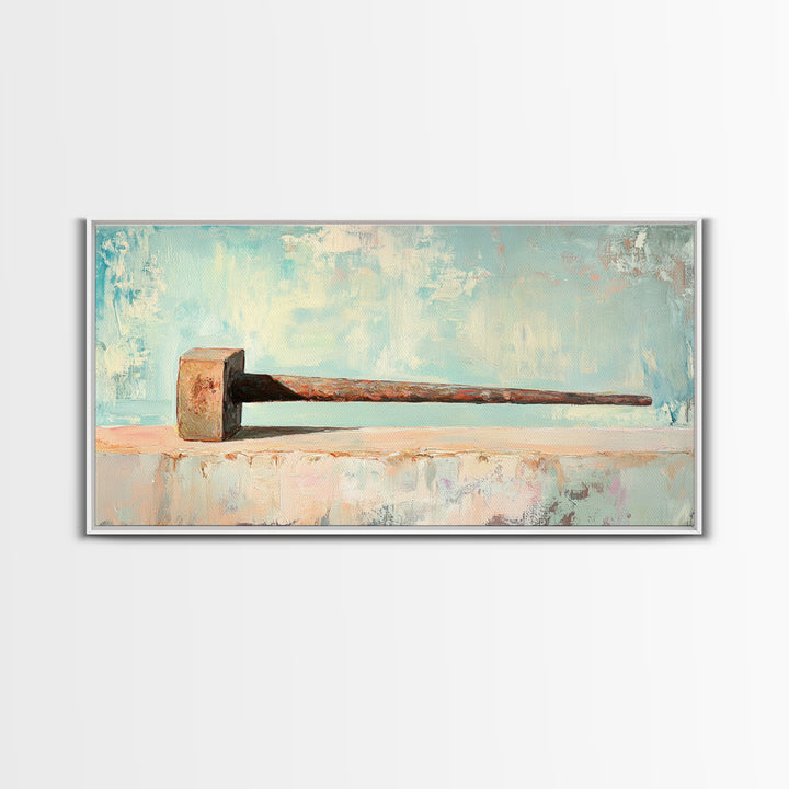 Rusty Hammer On Pale Blue Shelf Wall Art, Industrial Tool Canvas Print, Garage Decor, Workshop Office Decor, Gift For Him