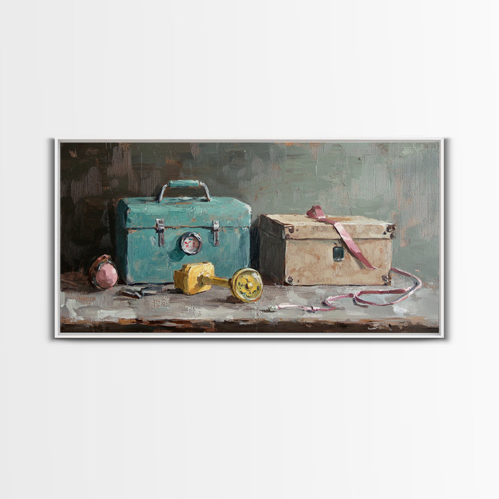 Turquoise Toolbox And Cardboard Box Wall Art, Industrial Still Life Canvas Print, Garage Decor, Workshop Office Decor, Gift For Him