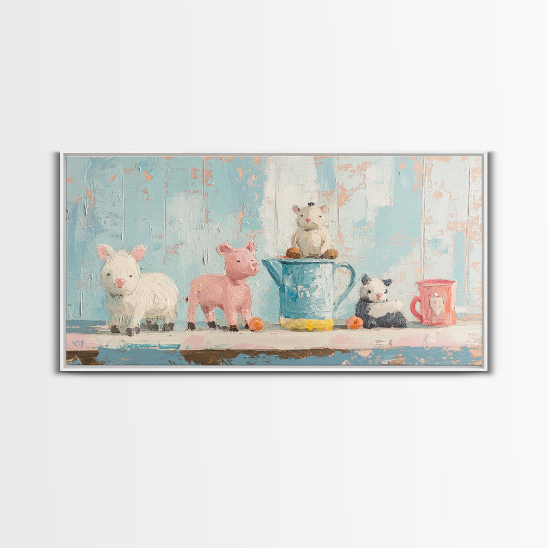 Sweet Farm Animal Toys On Shelf Wall Art, Whimsical Nursery Canvas Print, Kids Room Decor, Baby Animal Art, Gift, Playroom Decor