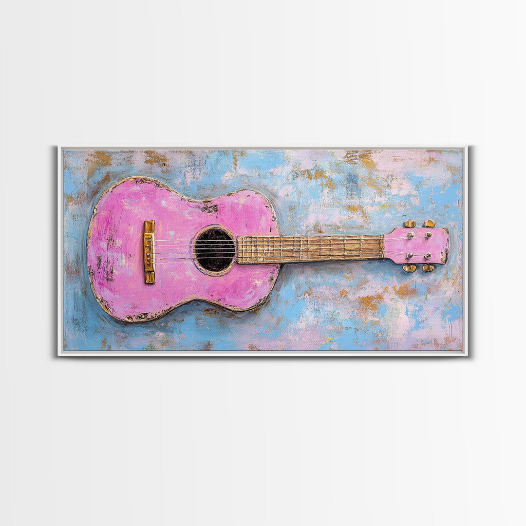 Pink Acoustic Guitar Painting Canvas Print, Music Studio Wall Art, Retro Music Room Decor, Gift For Guitar Lover And Home Decor