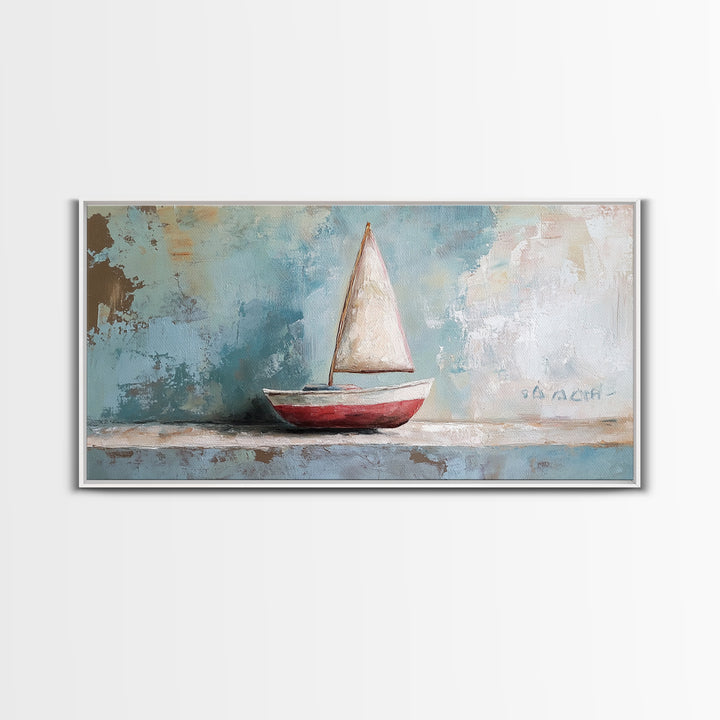 Red And White Sailboat Still Life Canvas Print, Nautical Wall Art, Coastal Home Decor, Beach House Gift And Ocean Nursery Decor