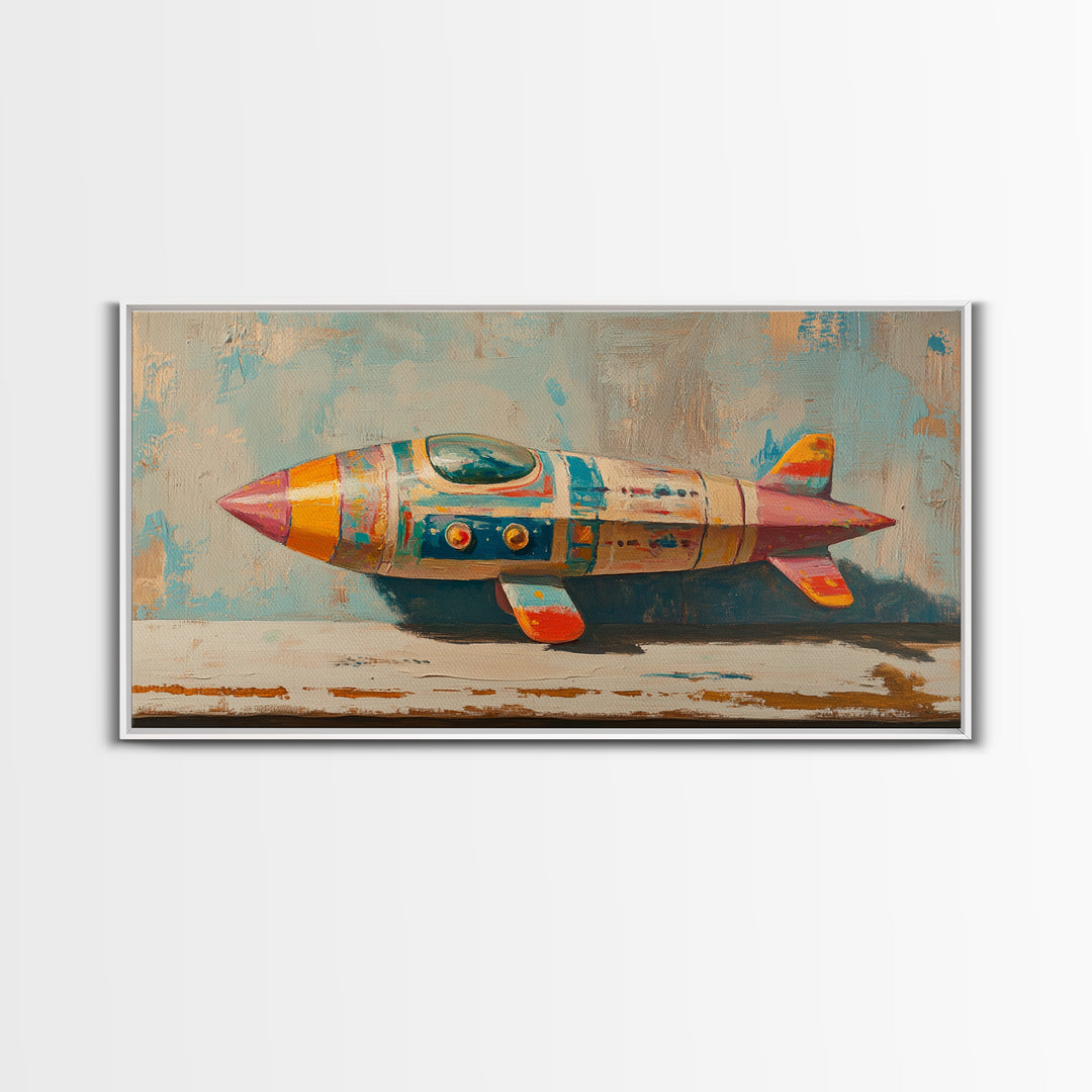 Retro Tin Toy Rocket Framed Canvas Print, Space Wall Art, Sci Fi Nursery Decor, Boys Room Art Gift For Space Lover Retro Space Decor