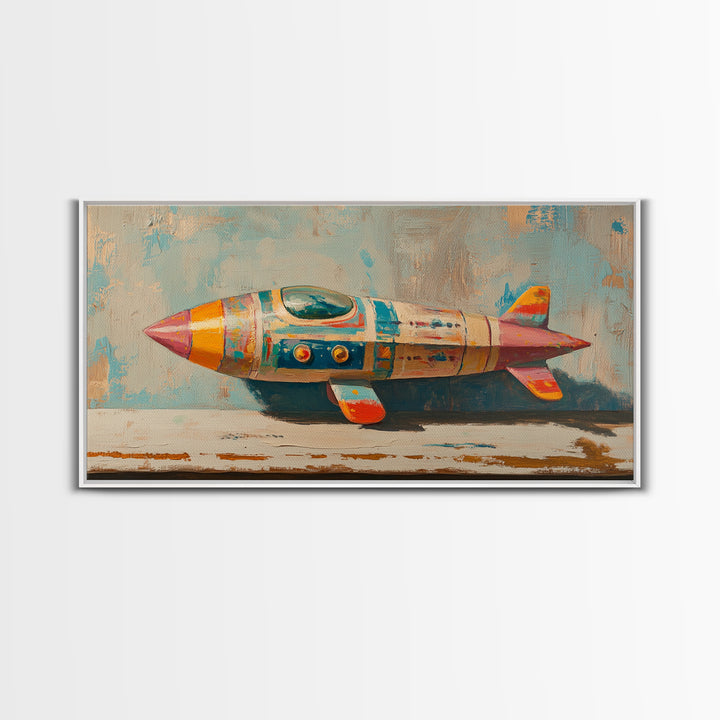 Retro Tin Toy Rocket Framed Canvas Print, Space Wall Art, Sci Fi Nursery Decor, Boys Room Art Gift For Space Lover Retro Space Decor
