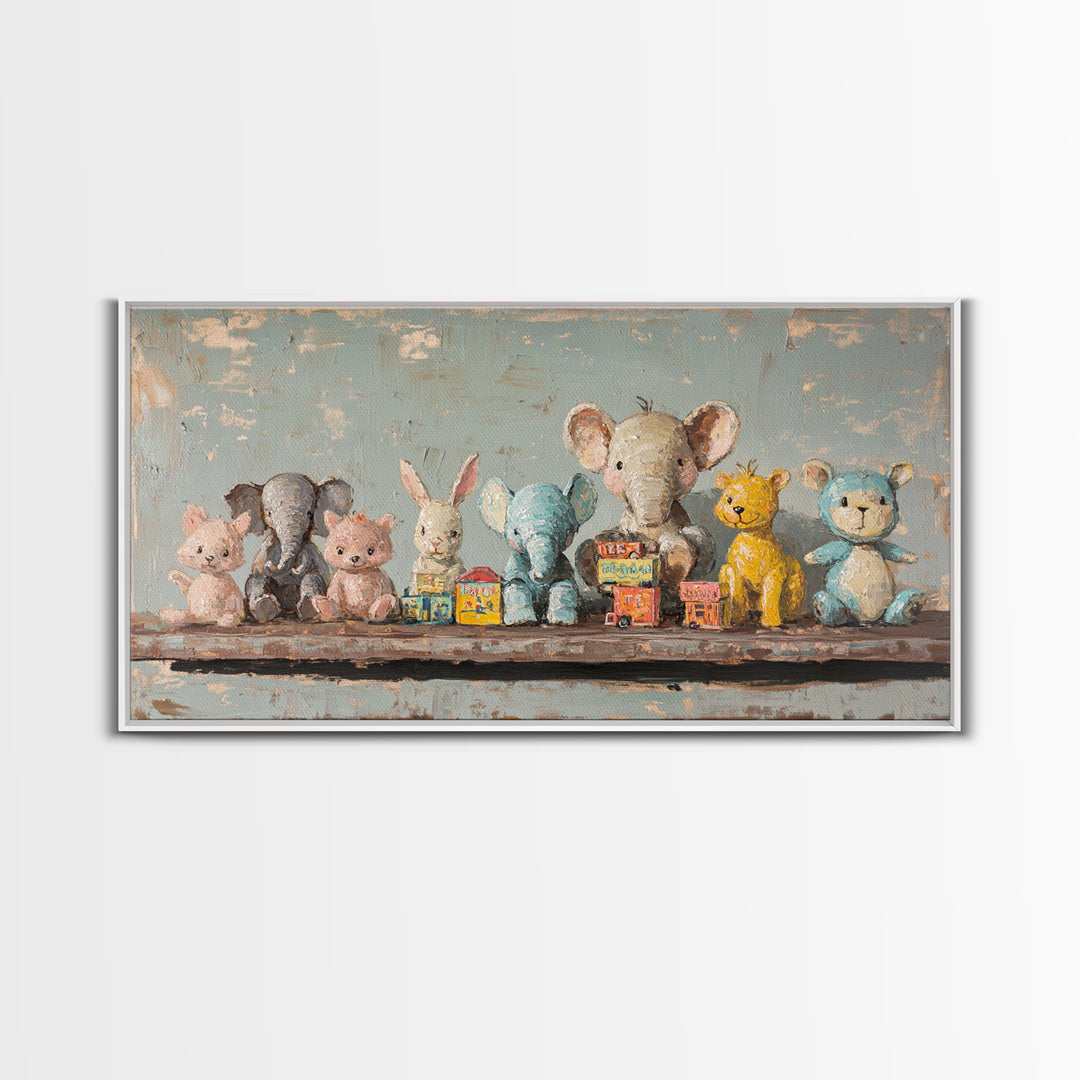 Stuffed Animal Shelf Framed Canvas Print, Nursery Wall Art, Kids Room Decor, Safari Animal Art, Whimsical Baby Shower Gift