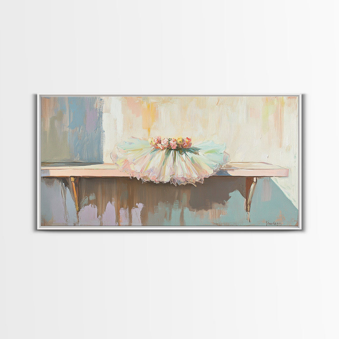Pastel Ballet Tutu On Barre Wall Art, Girls Room Decor, Dance Studio Decor, Nursery Wall Art, Feminine Framed Canvas Print