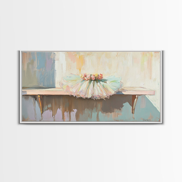 Pastel Ballet Tutu On Barre Wall Art, Girls Room Decor, Dance Studio Decor, Nursery Wall Art, Feminine Framed Canvas Print