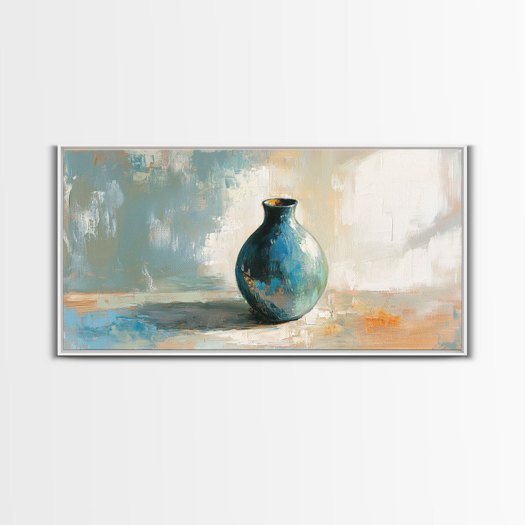 Turquoise Ceramic Vase Still Life Framed Canvas Print, Neutral Wall Art, Modern Home Decor, Living Room Decor, Housewarming Gift