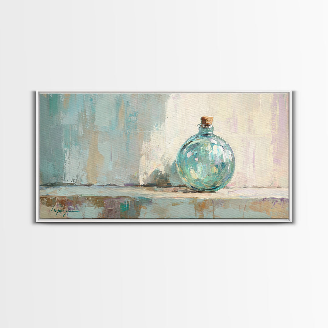 Aqua Glass Bottle Still Life Framed Canvas Print, Coastal Wall Art, Minimalist Decor, Modern Home Decor, Housewarming Gift