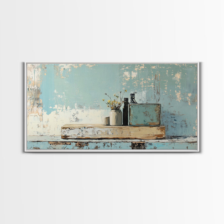 Rustic Blue Shelf Still Life Wall Art, Textured Coastal Farmhouse Kitchen Decor, Neutral Living Room Art Print, Housewarming Gift
