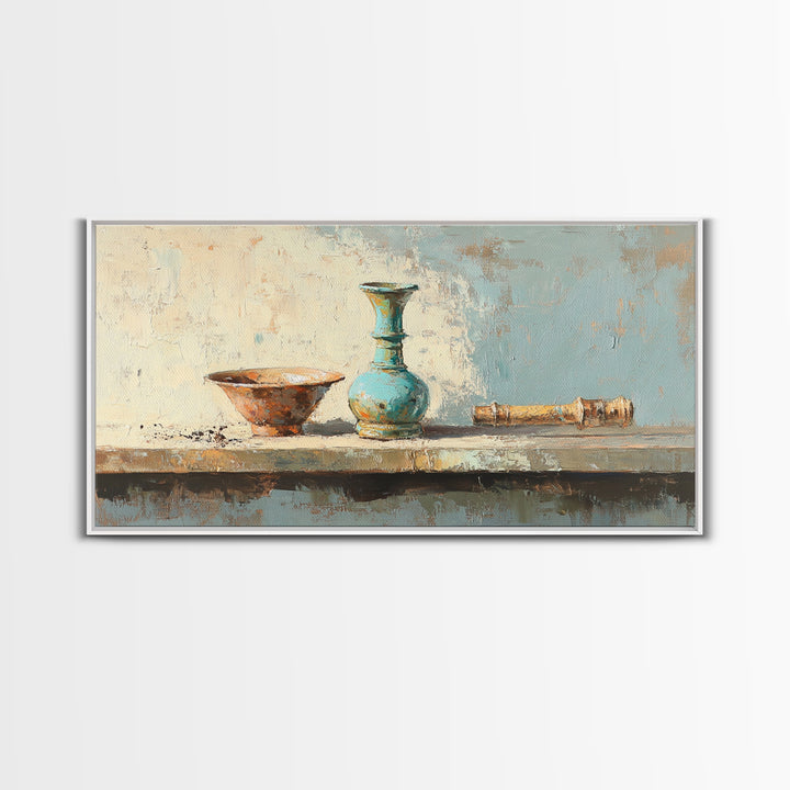 Turquoise Vase And Rustic Bowl Wall Art, Textured Still Life Canvas Print, Neutral Farmhouse Decor For Living Room Housewarming Gift