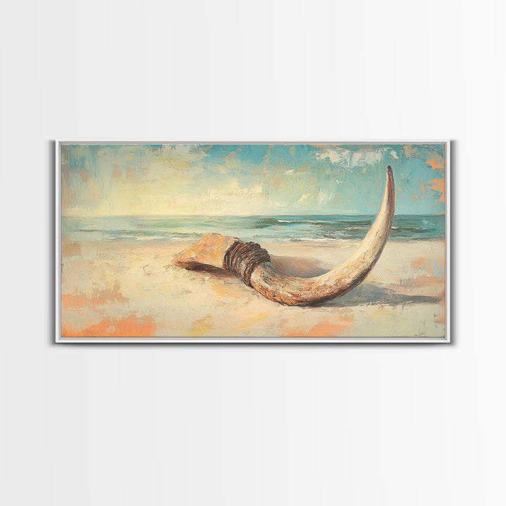 Weathered Horn On Sandy Shore Wall Art, Coastal Beach House Decor, Nautical Canvas Wall Art, Rustic Seascape Gift For Living Room Decor
